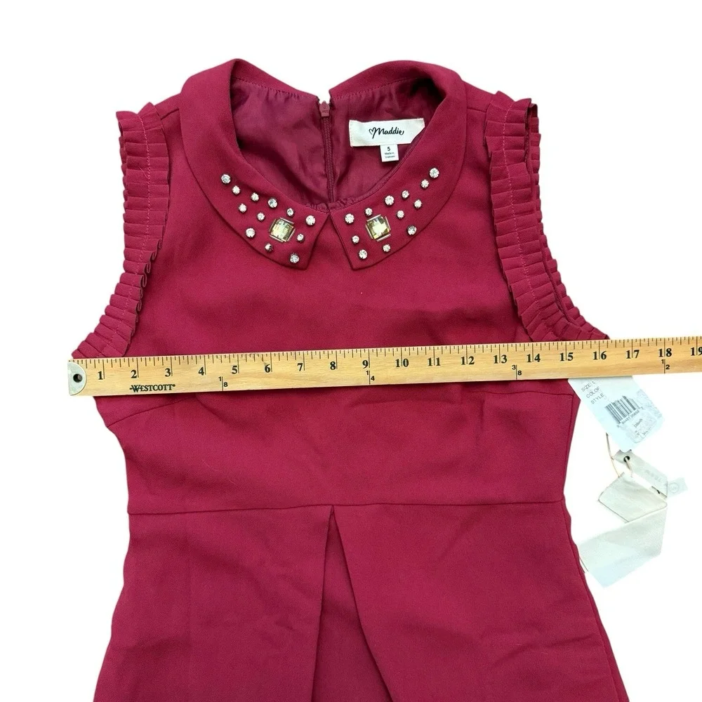 Maddie Juniors Size 5 Sleeveless Dress Burgundy Jeweled Collar A-Line New - Picture 10 of 11